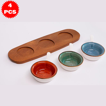 طقم تقديم ملون مع قاعدة خشبية