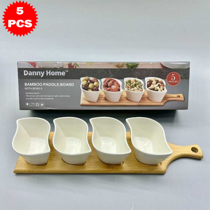 طقم تقديم سيراميك متمايل مع قاعدة خشب