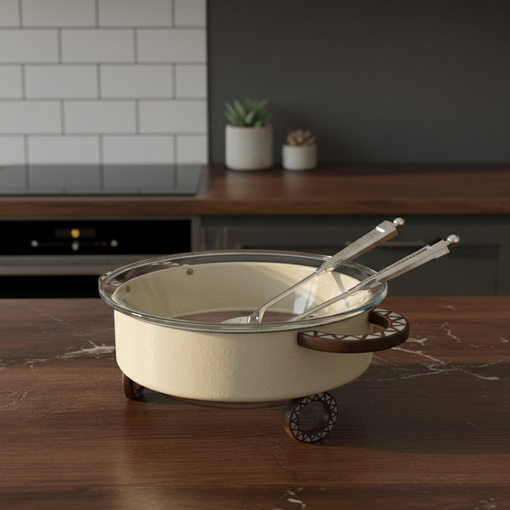 وعاء سلطة دائري مع حامل وملعقتين للتقديم