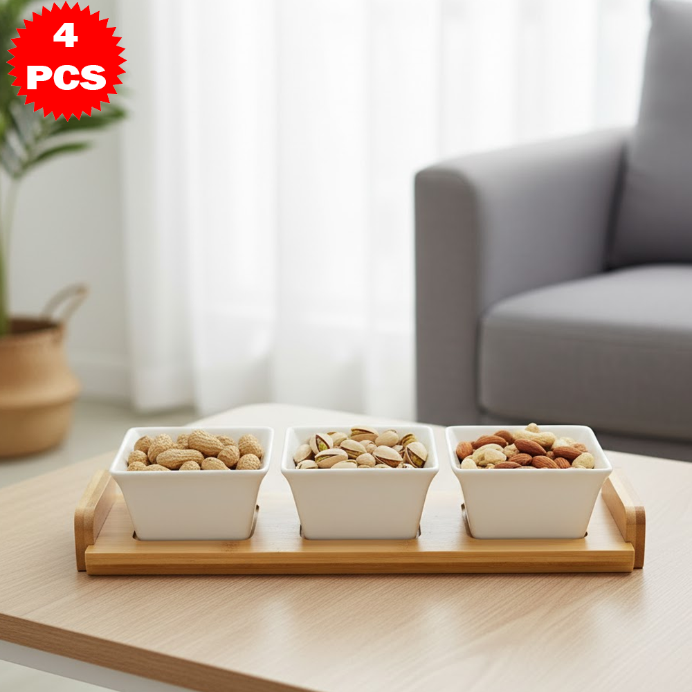 طقم تقديم سيراميك مع قاعدة خشب