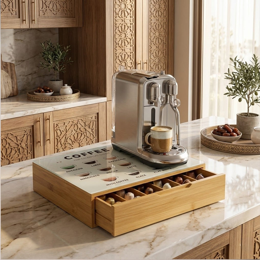 علبة قهوة بغطاء زجاجي ودرج