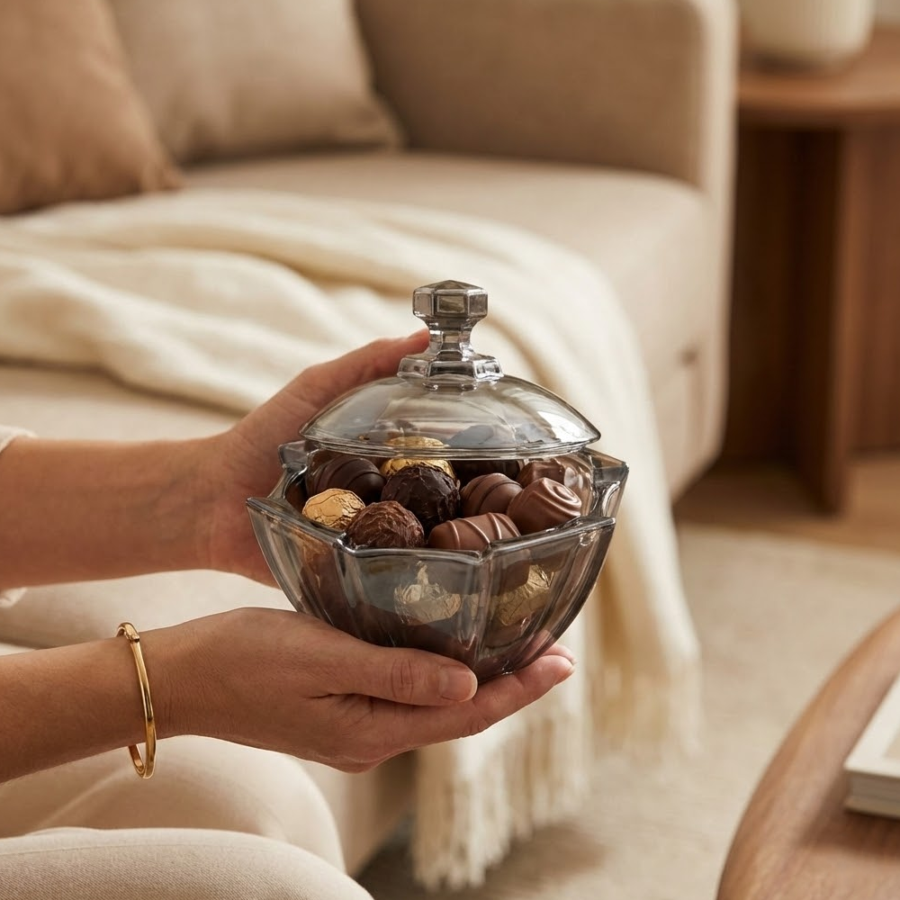 وعاء تقديم زجاجي أنيق بغطاء شفاف