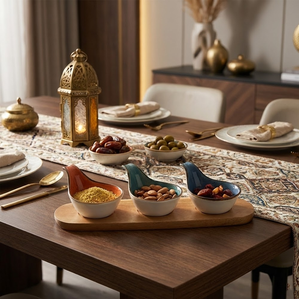 طقم تقديم خشب مع أوعية سيراميك