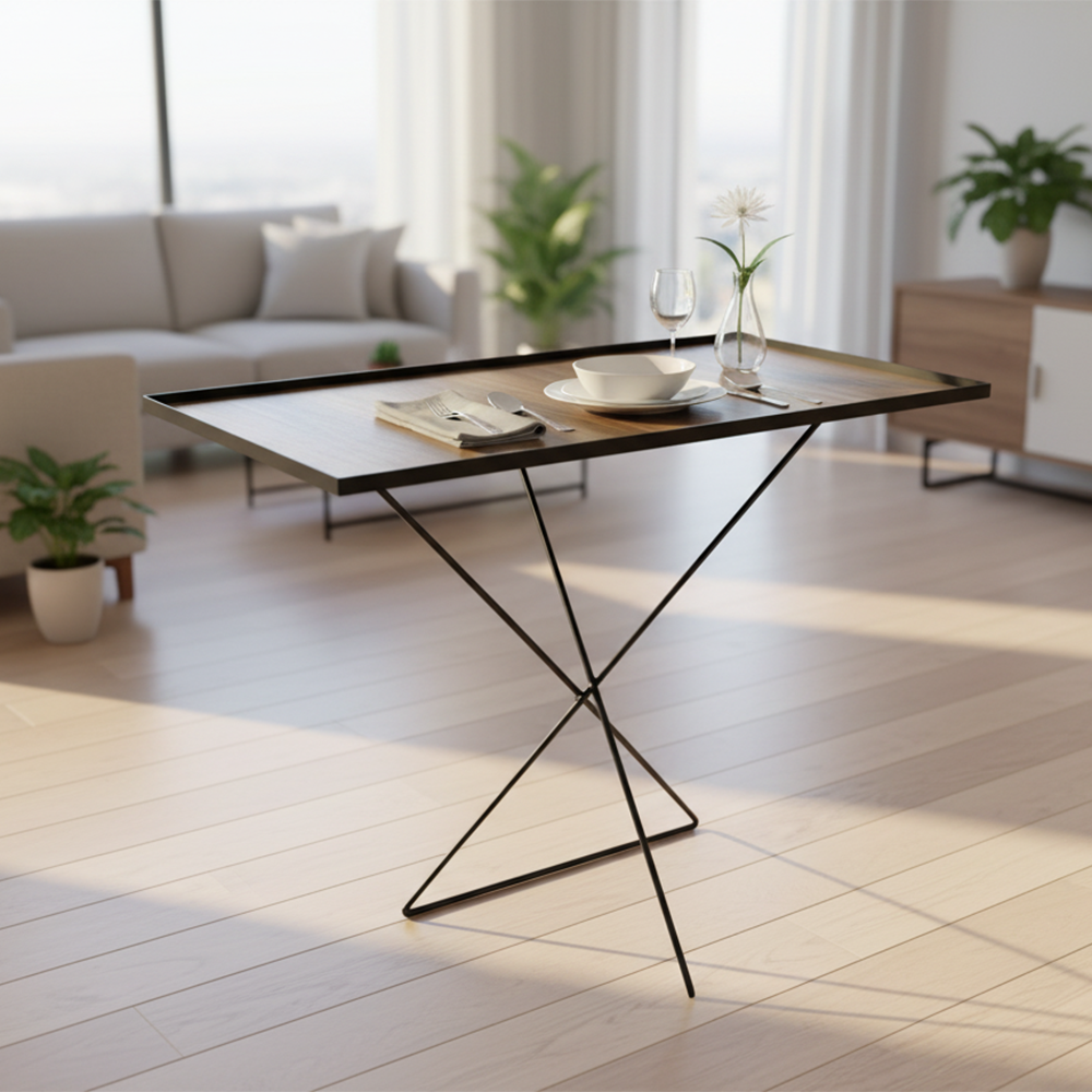 طاولة حديثة بتصميم معدني وسطح خشبي أنيق