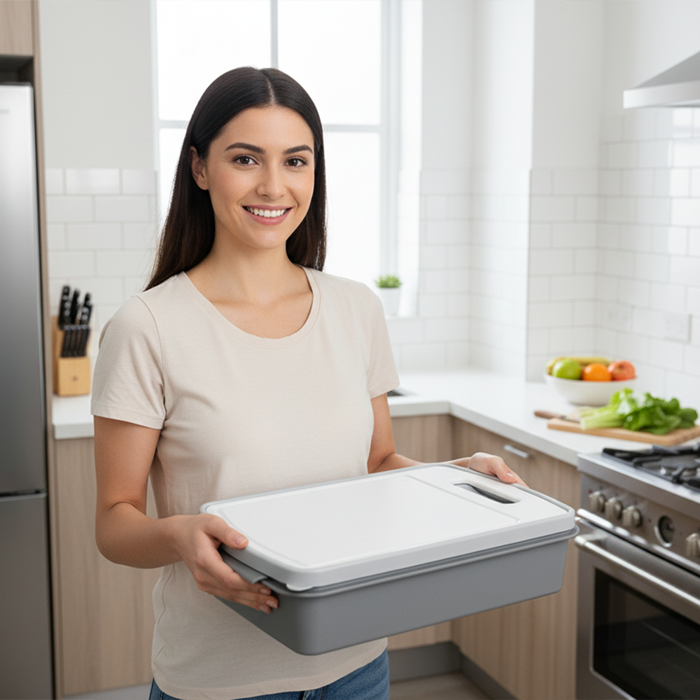 علبة التتبيلة والطعام ولوح التقطيع