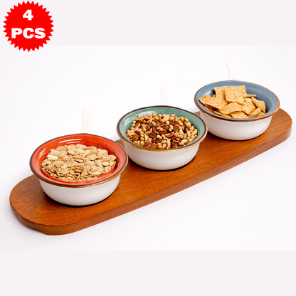 طقم تقديم ملون مع قاعدة خشبية