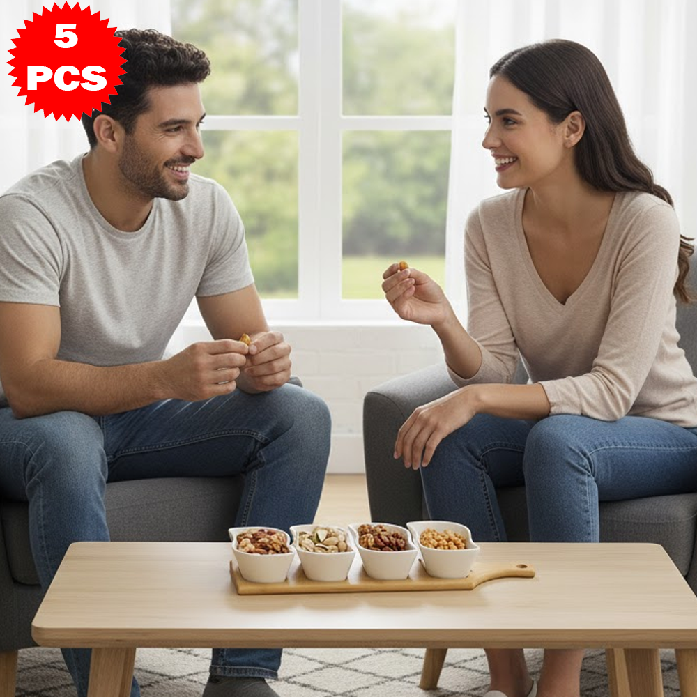 طقم تقديم سيراميك متمايل مع قاعدة خشب