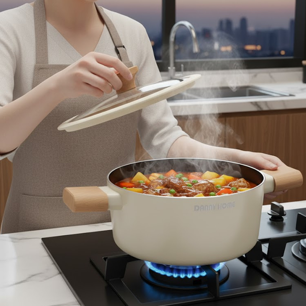 قدر طهي ومقابض خشبية