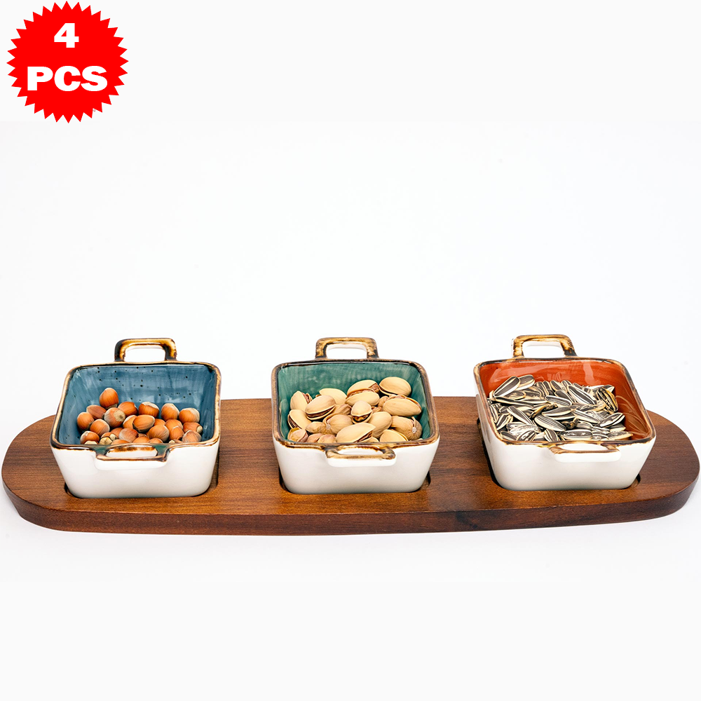 طقم تقديم أوعية بحامل وصينية خشبية