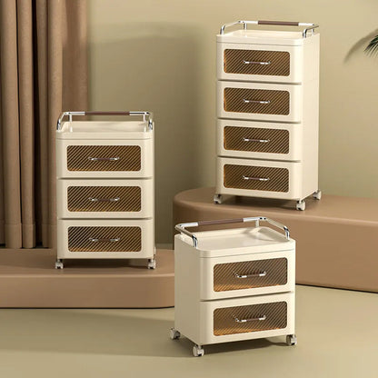 طاولة جانبية بلاستيكية حديثة باللون البني مع أبواب شفافة ودرج بلاستيكي مرن