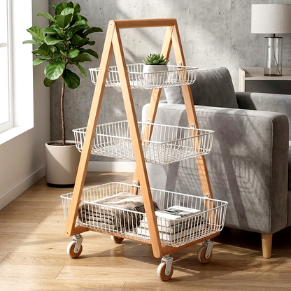 سلة تخزين خشبية بثلاثة أرفف