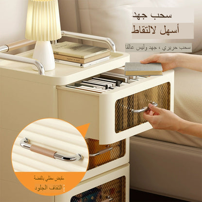 طاولة جانبية بلاستيكية حديثة باللون البني مع أبواب شفافة ودرج بلاستيكي مرن