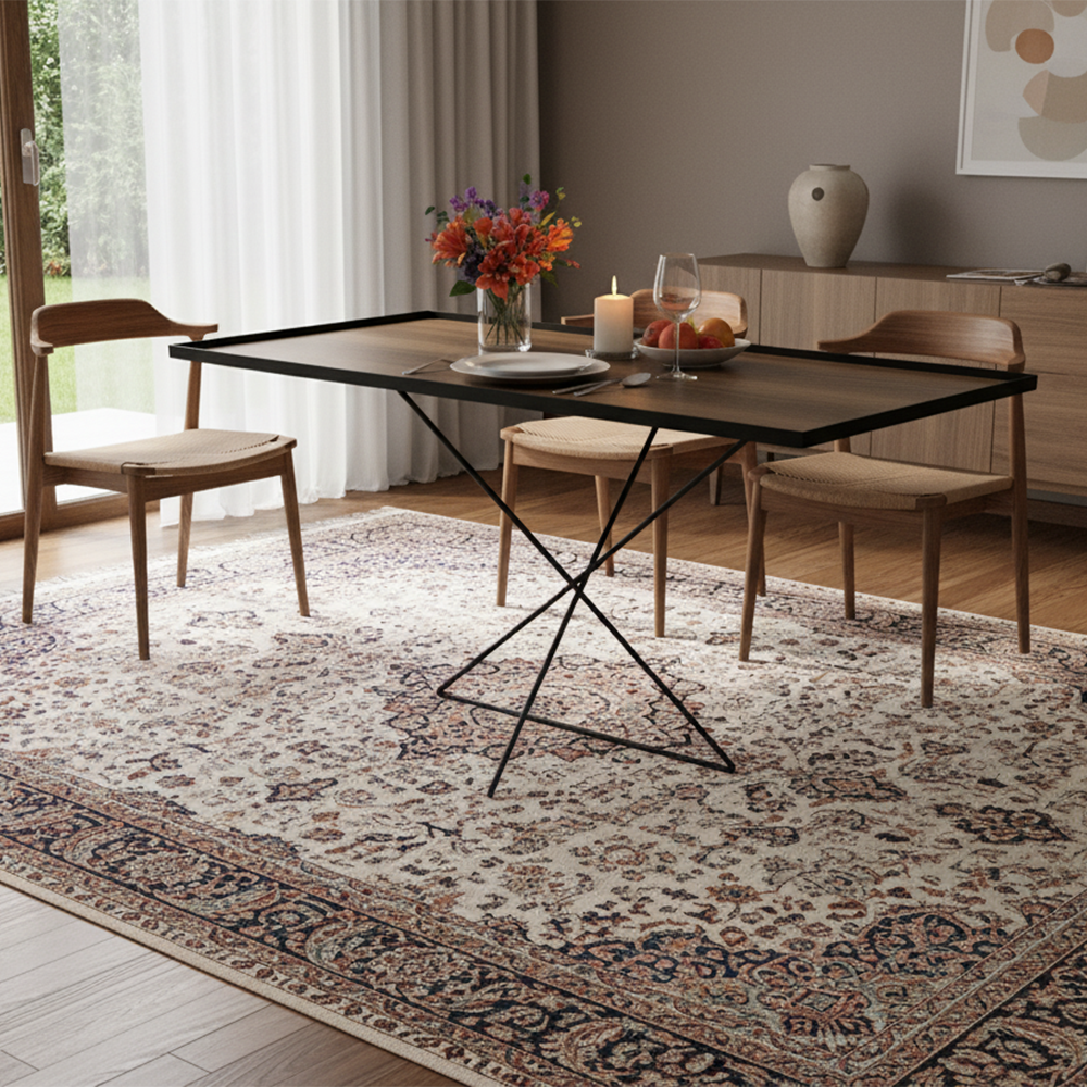 طاولة حديثة بتصميم معدني وسطح خشبي أنيق