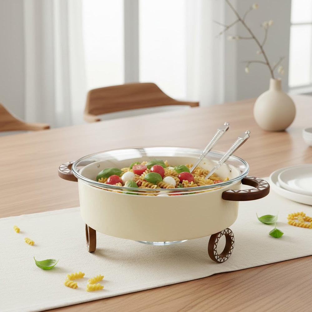 وعاء سلطة دائري مع حامل وملعقتين للتقديم
