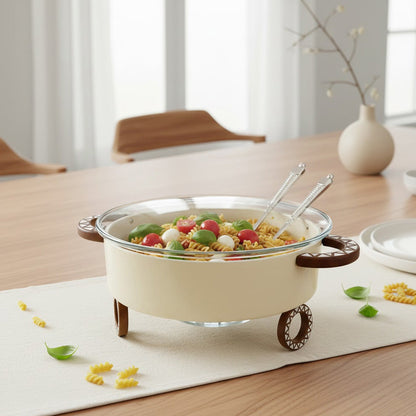 وعاء سلطة دائري مع حامل وملعقتين للتقديم