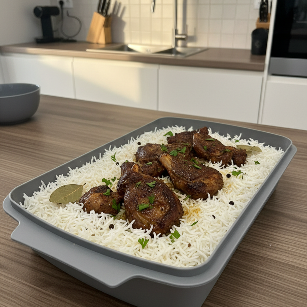 علبة التتبيلة والطعام ولوح التقطيع