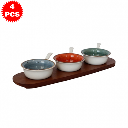 طقم تقديم ملون مع قاعدة خشبية