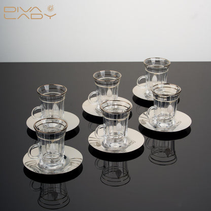 طقم استكانه و فنجان ١٨ قطعة فضى مع كريستال