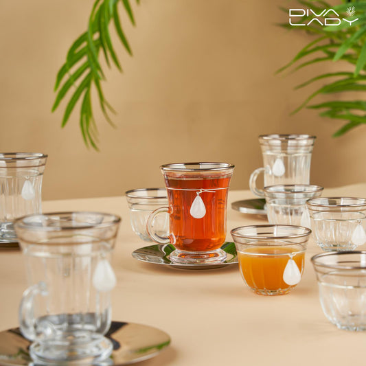 طقم استكانه و فنجان ١٨ قطعة فضى مع كريستال